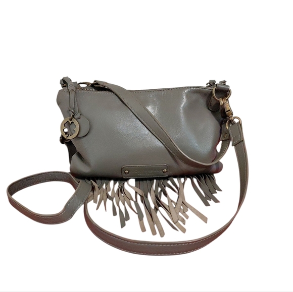 LUCKY BRAND Gray Leather Fringe Convertible Crossbody Shoulder Bag - Picture 1 of 11
